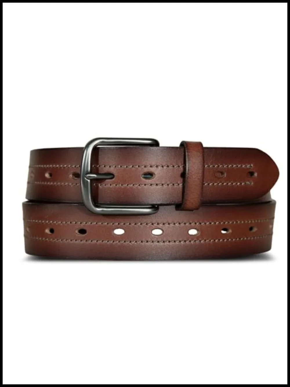 Men's Genuine Leather Belt Double Stitched Metal Buckle Casual Dress Western